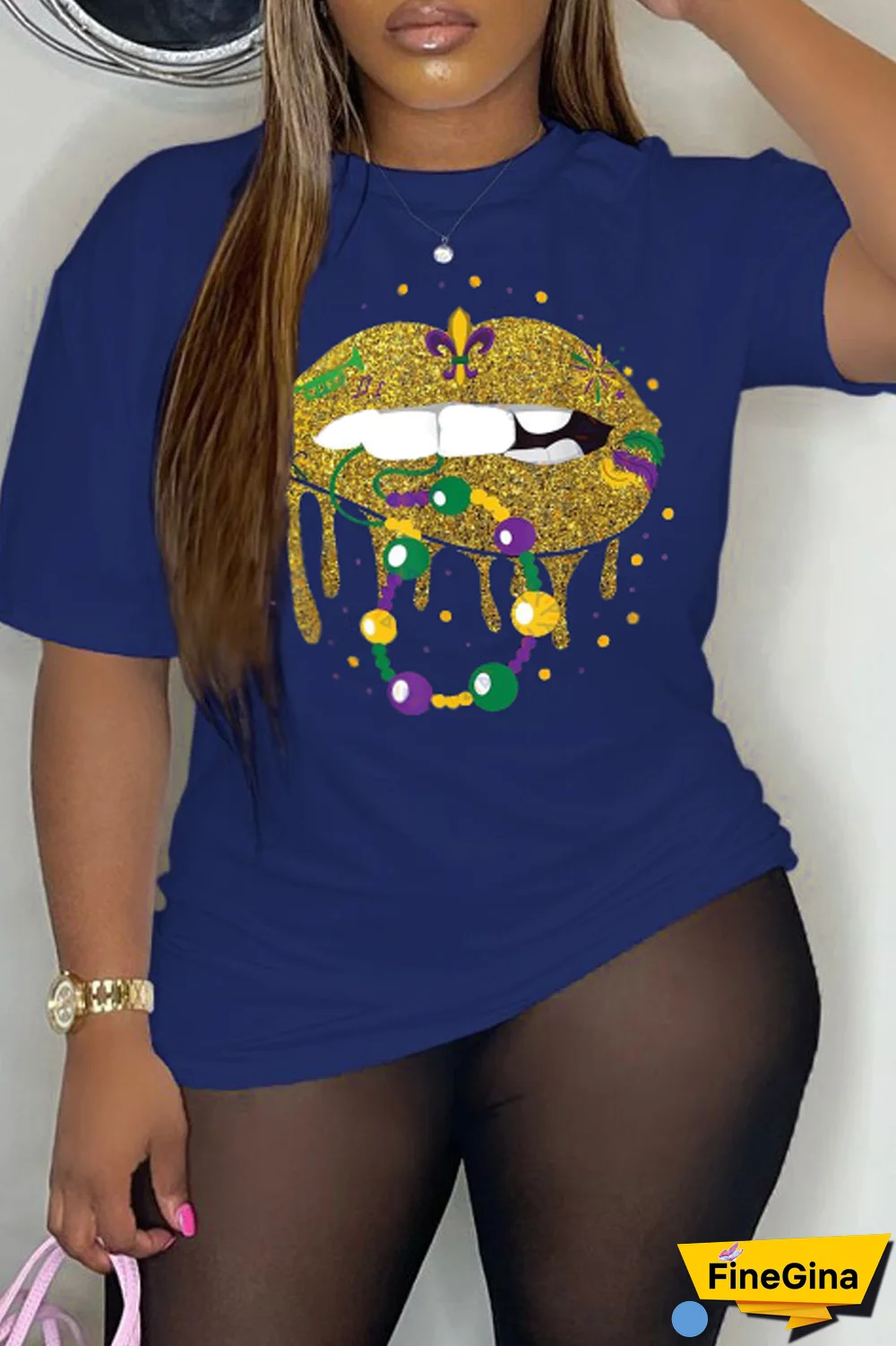 Grey Party Vintage Lips Printed Patchwork O Neck T-Shirts