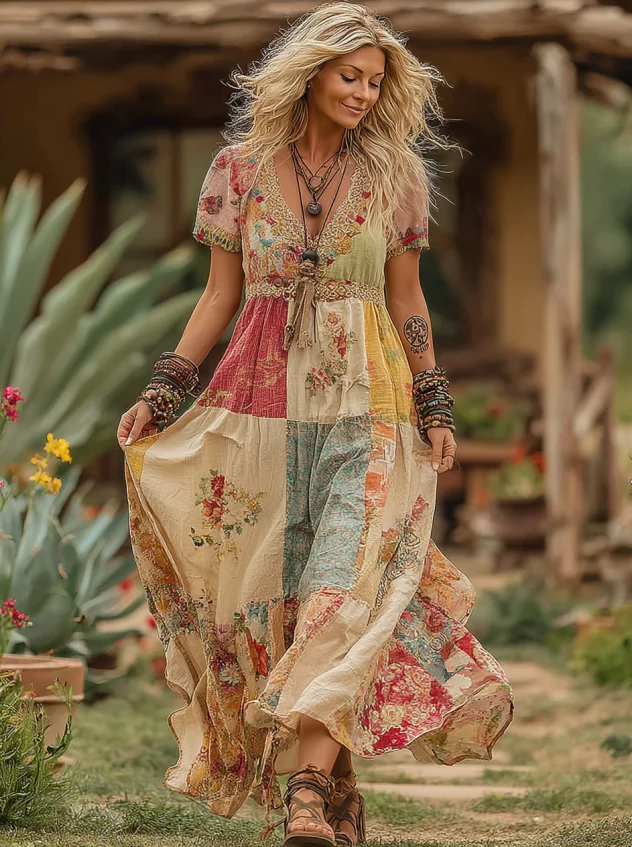 Classy Boho Patchwork Floral Embroidered Linen Maxi Dress