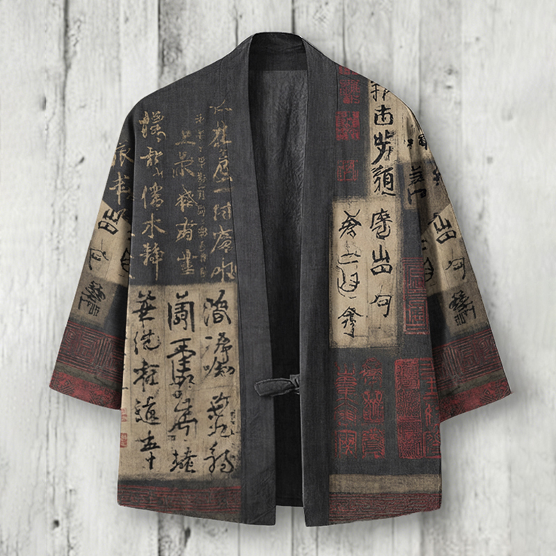 Men's Japanese Calligraphy Art Linen Blend Kimono Cardigan  artssus