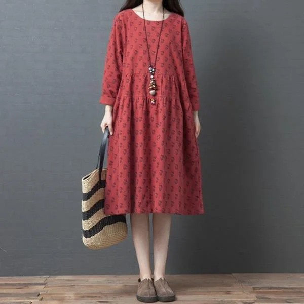 Mori Girls Style Vintage Print Loose Ladies Knee-length A-line Dresses