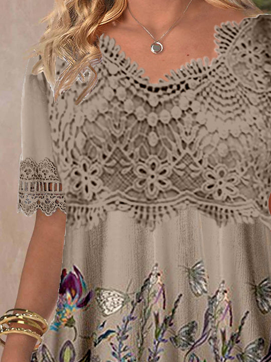 Women's Short Sleeve V-neck Lace Graphic Top