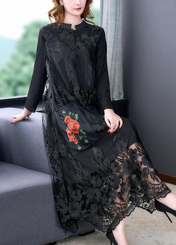 Bohemian Black O-Neck Embroideried Tulle Long Dresses Spring