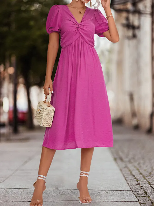 Loose Sleeveless Pleated Split-Joint V-Neck Midi Dresses