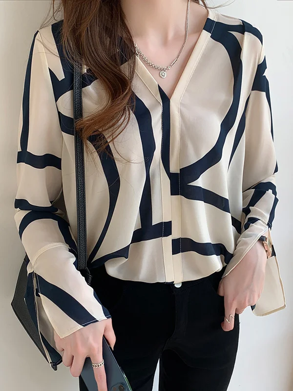 Printed Loose Long Sleeves V-Neck Blouses&Shirts Tops