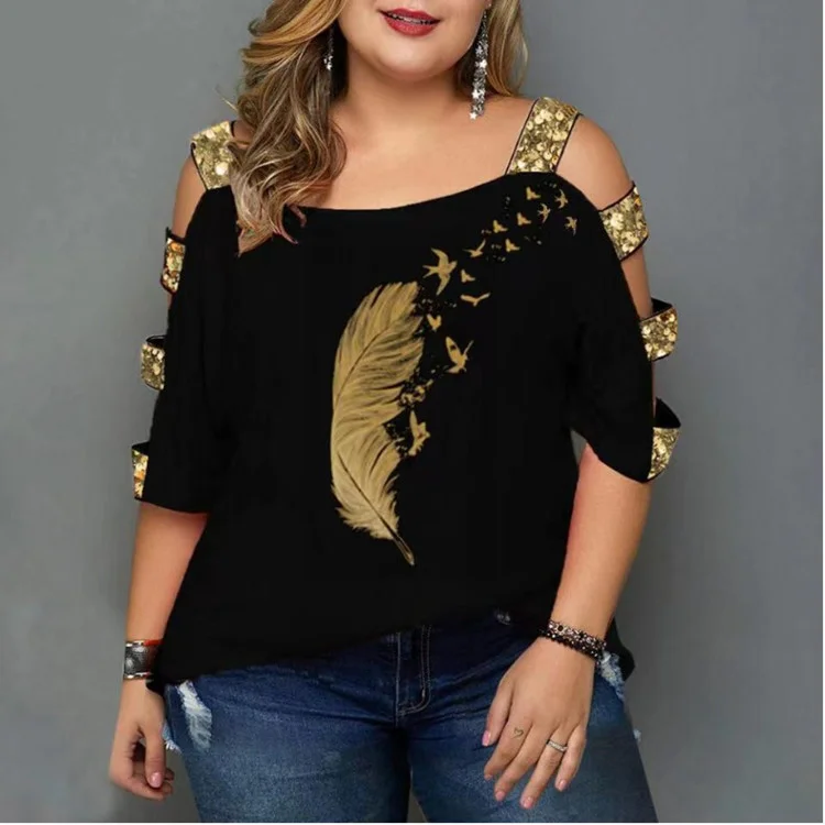 Print Cold Shoulder 3/4 Sleeves Casual Plus Size T-Shirts