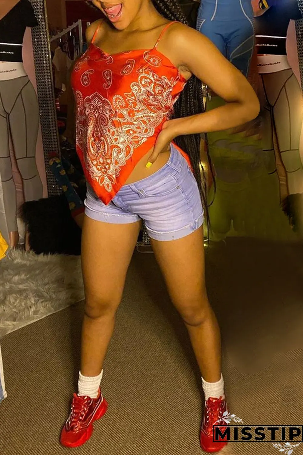Red Blue Slip Sleeveless backless Tops
