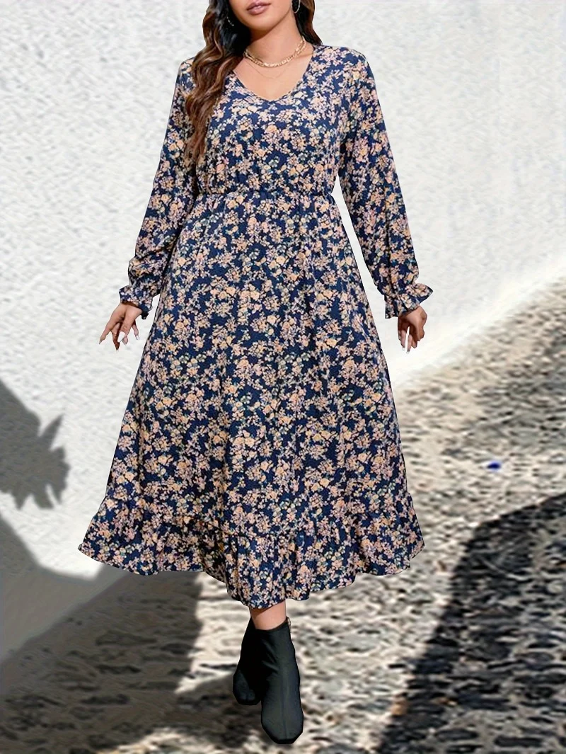 Athvotar Size 1XL-5XL Casual Dress Women's Plus Floral Print Lantern Sleeve V Neck Smock Dress