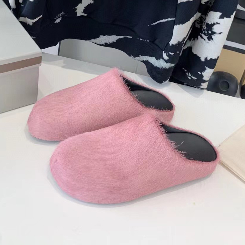 TAAFO Shoes Women Flat Real Fur Slides Horsehair Slippers Fluffy Plush Furry Slipper 