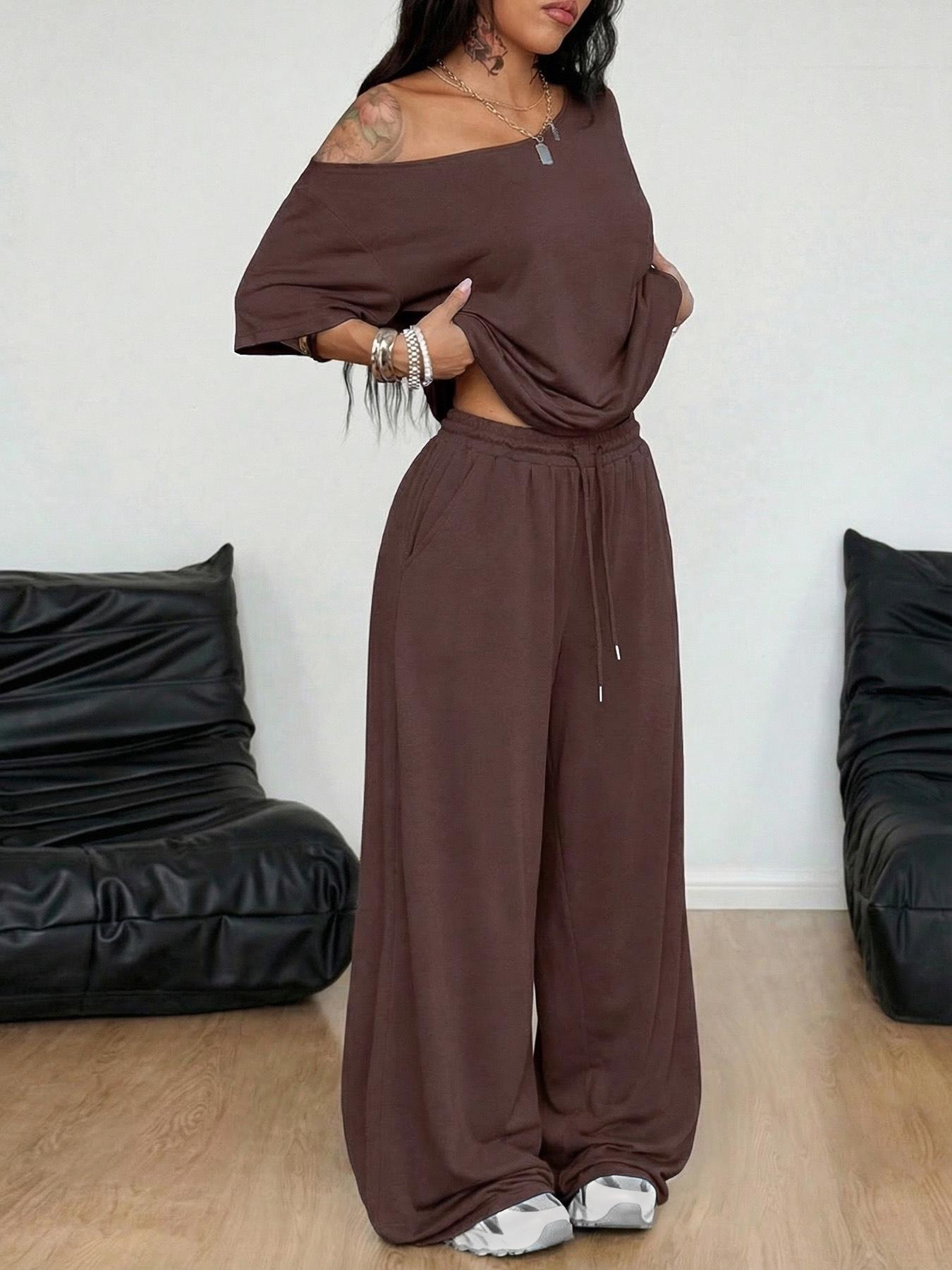 2pcs/Set Women's Minimalist Basic Casual Daily Wear Everyday Going Out Sport Comfortable Baggy Off Shoulder T-Shirt And Wide Leg Pants Two Pieces Outfits