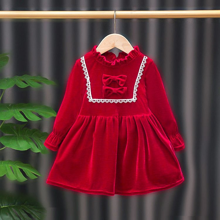 Mayoulove Kid Baby Girl Princess Western Velvet Red Dresses-Mayoulove