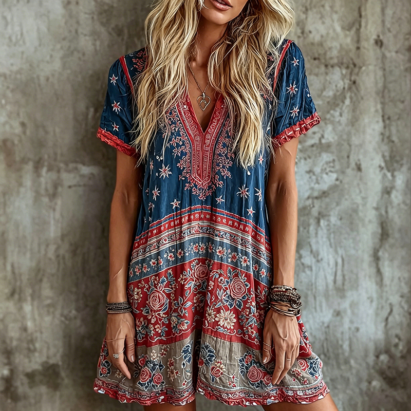  Women's Boho Independence Day With Floral Mini Dress Westsshops
