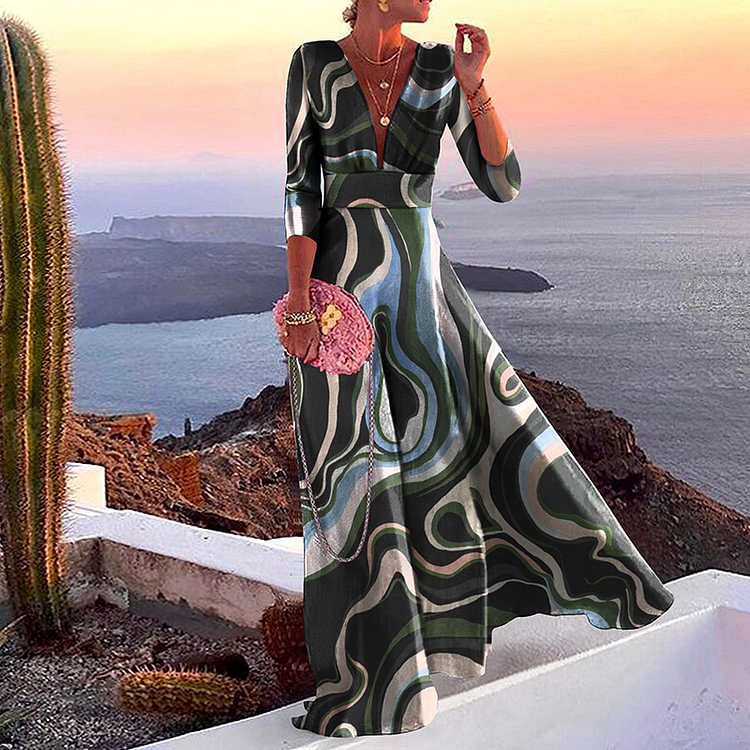 Elegant Print V-Neck A Swing Maxi Dress