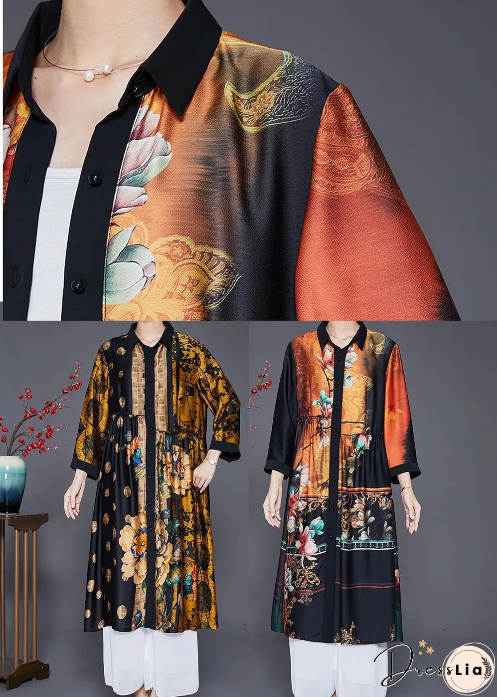Handmade Yellow Oversized Print Wrinkled Silk Coats Fall