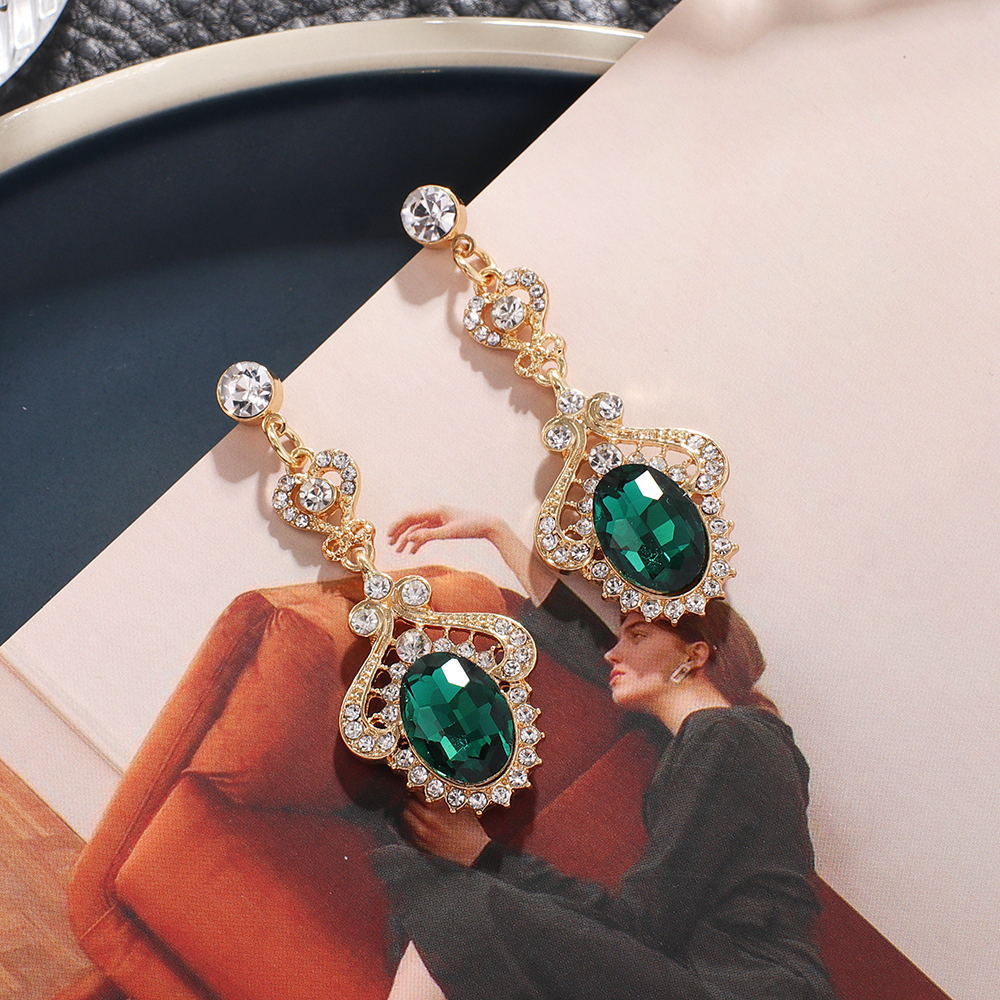 Wedding Green Retro Rhinestones Water Droplet Dangle Earrings 2024 - Flycurvy 