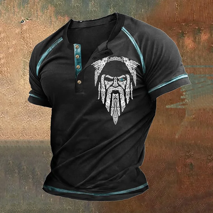 Men's Vintage Contrast Vikings Sons of Odin Henley Neck T-Shirt