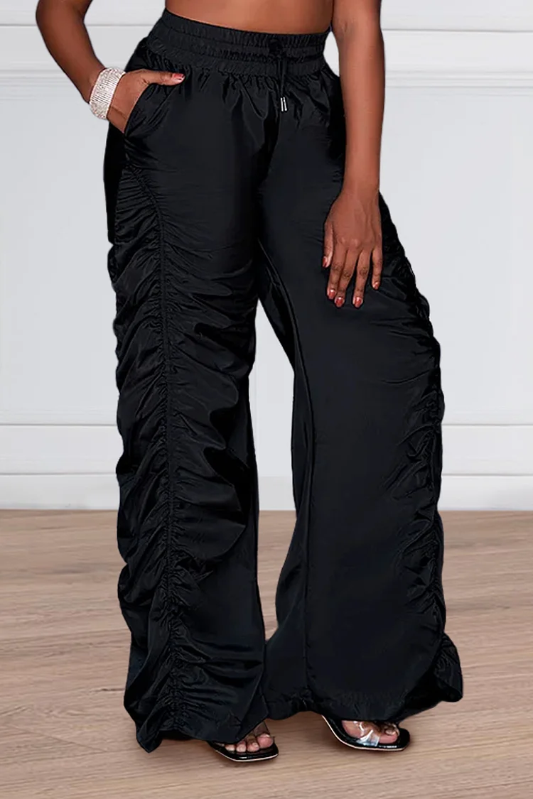 Xpluswear Design Plus Size Black Daily High Waist Wide Leg Foldpant Cargo Pants