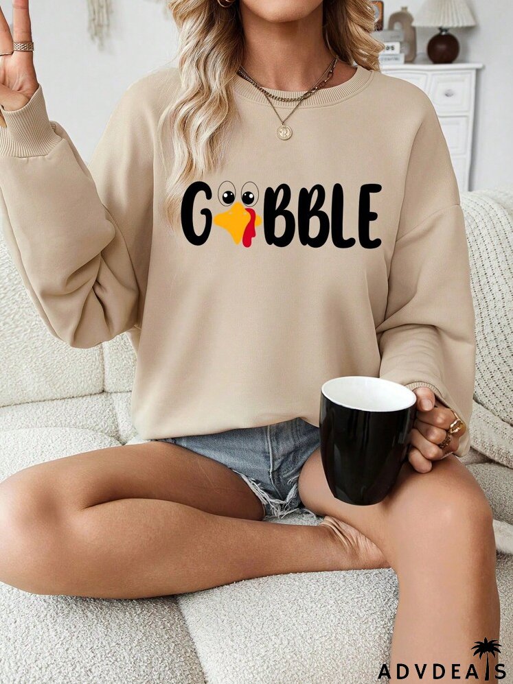 Casual Minimalist Thanksgiving Turkey Graphic Round Neck Loose Thick Sweatshirt, Plus Size