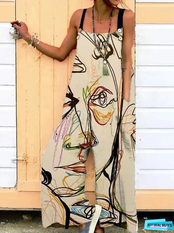 Women's Jumpsuits Loose Print Pocket Sleeveless Jumpsuit