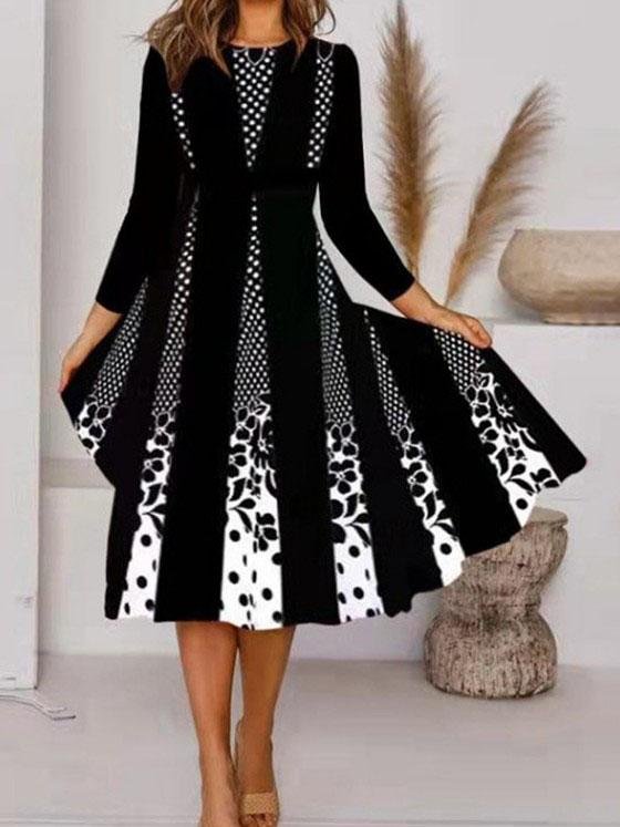 Women Long Sleeve Scoop Neck Printed Midi Dress