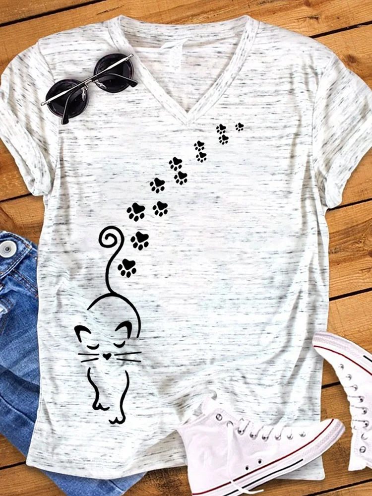 Women's Cute Cat Paw Print Snowflake Dot T-Shirt socialshop