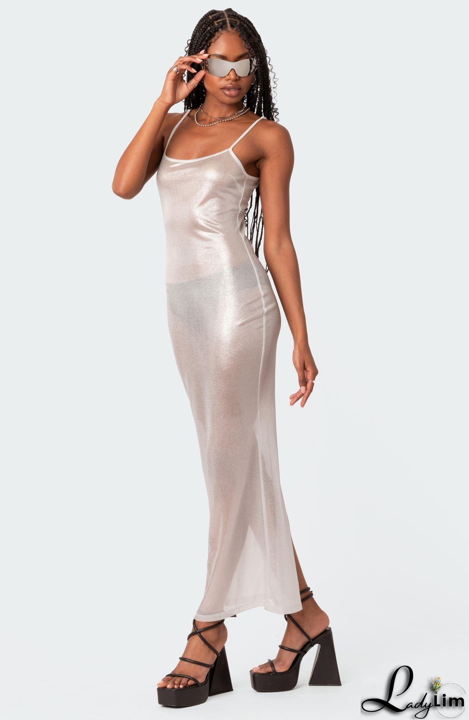 Focused On Me Sheer Metallic Maxi Dress