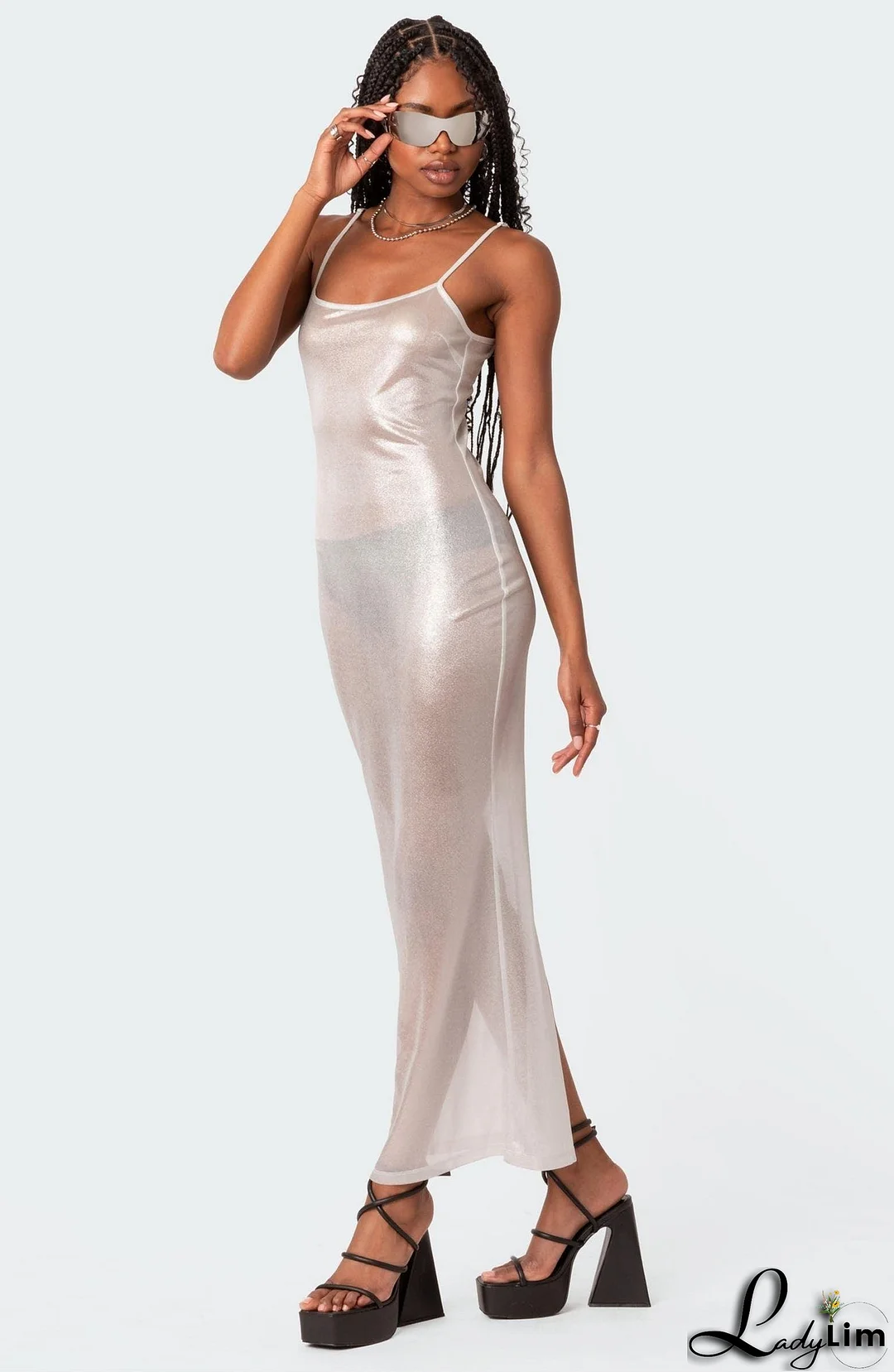 Focused On Me Sheer Metallic Maxi Dress