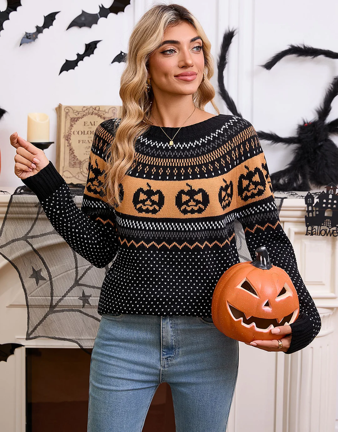 Athvotar Athvotar And Winter Sweater Women's Halloween Pumpkin Embroidery Retro Wave Point Long-Sleeved Knitted Shirt Girl