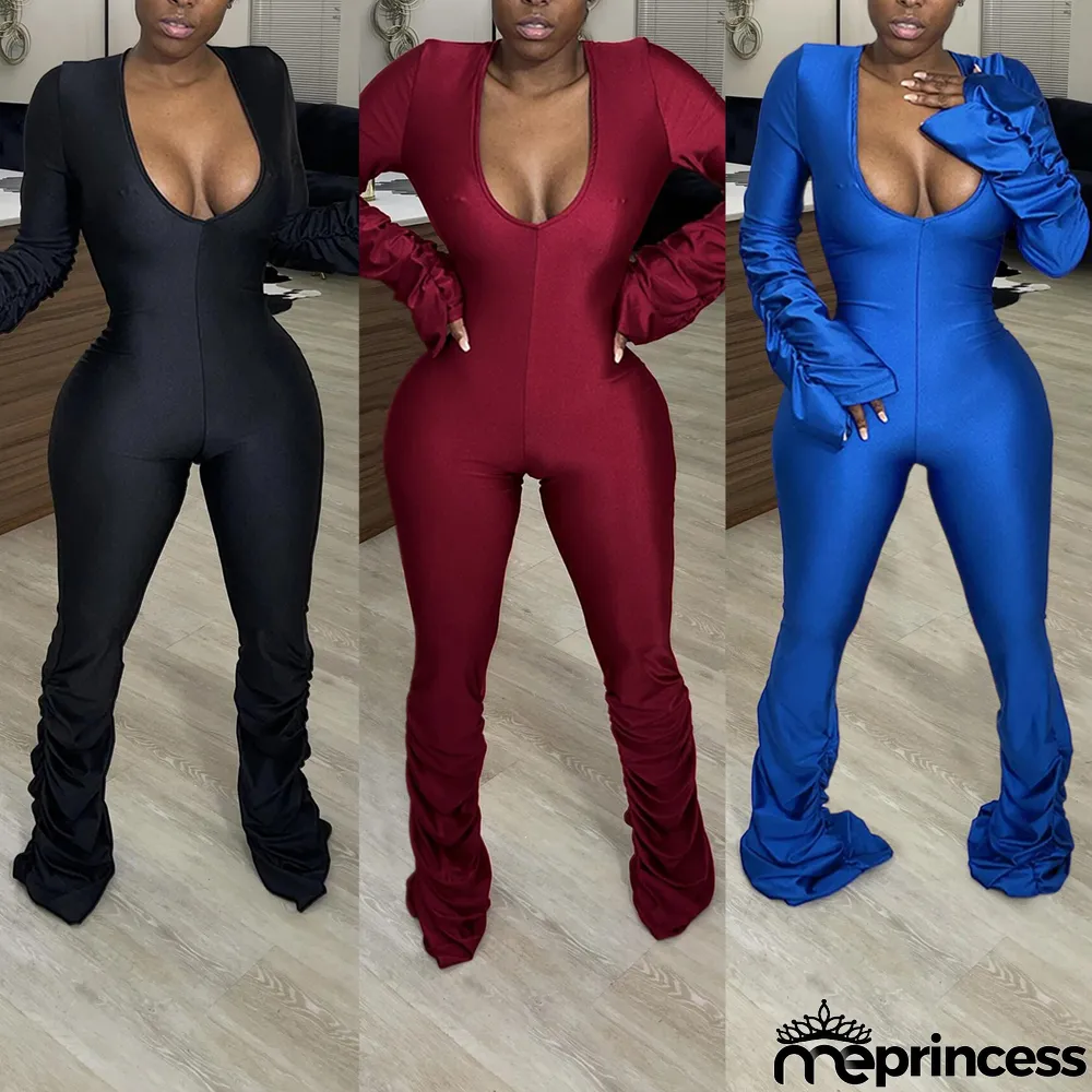 Solid Sexy Long Sleeve Ruched Jumpsuits