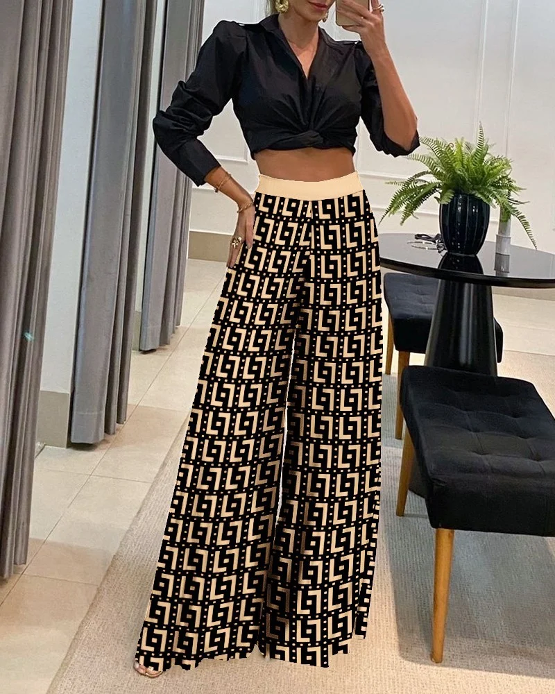 Wind street hipster women&#039;s embossed polyester shirt high waist casual pants suit