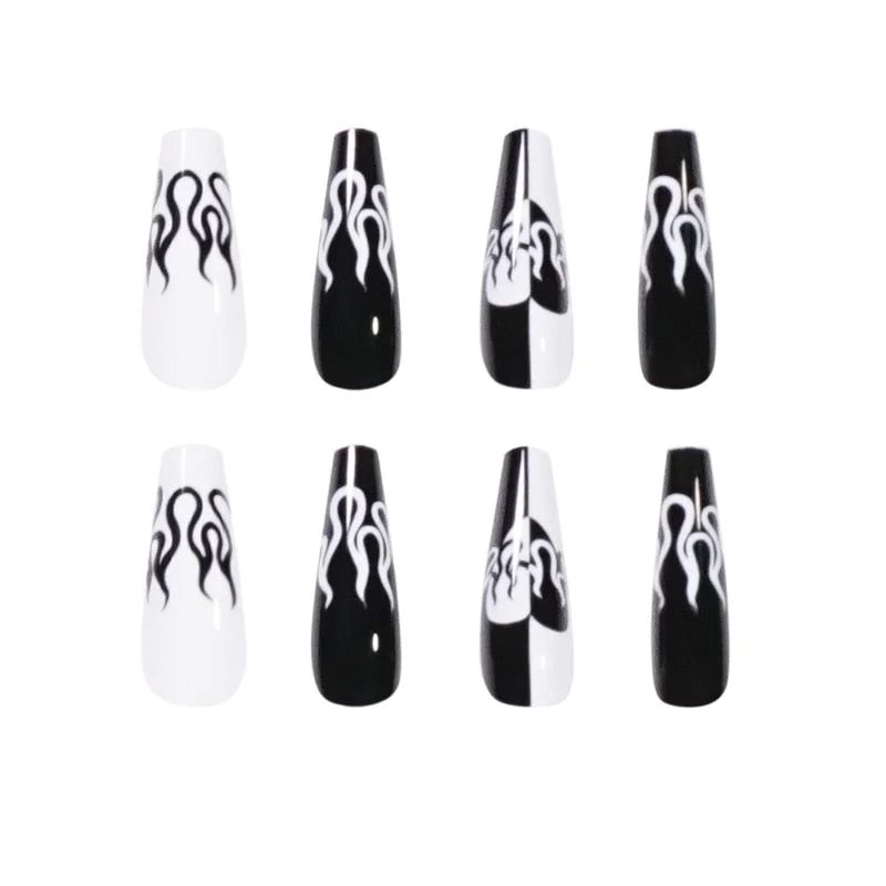 24pcs Press on Nails Punk Black White Patchwork Fire Pattern Long Coffin False Nails Ballerina Fake Nail Art Manicure Full Tips