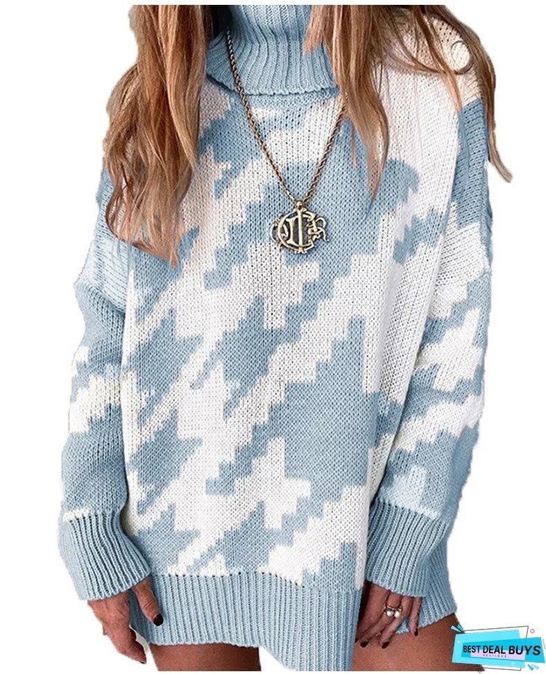 Thanksgiving Gift Autumn And Winter New Knitting Color Contrast Turtleneck Loose Women's Long Sleeve Sweater Casual All-Match Ladies Sweaters