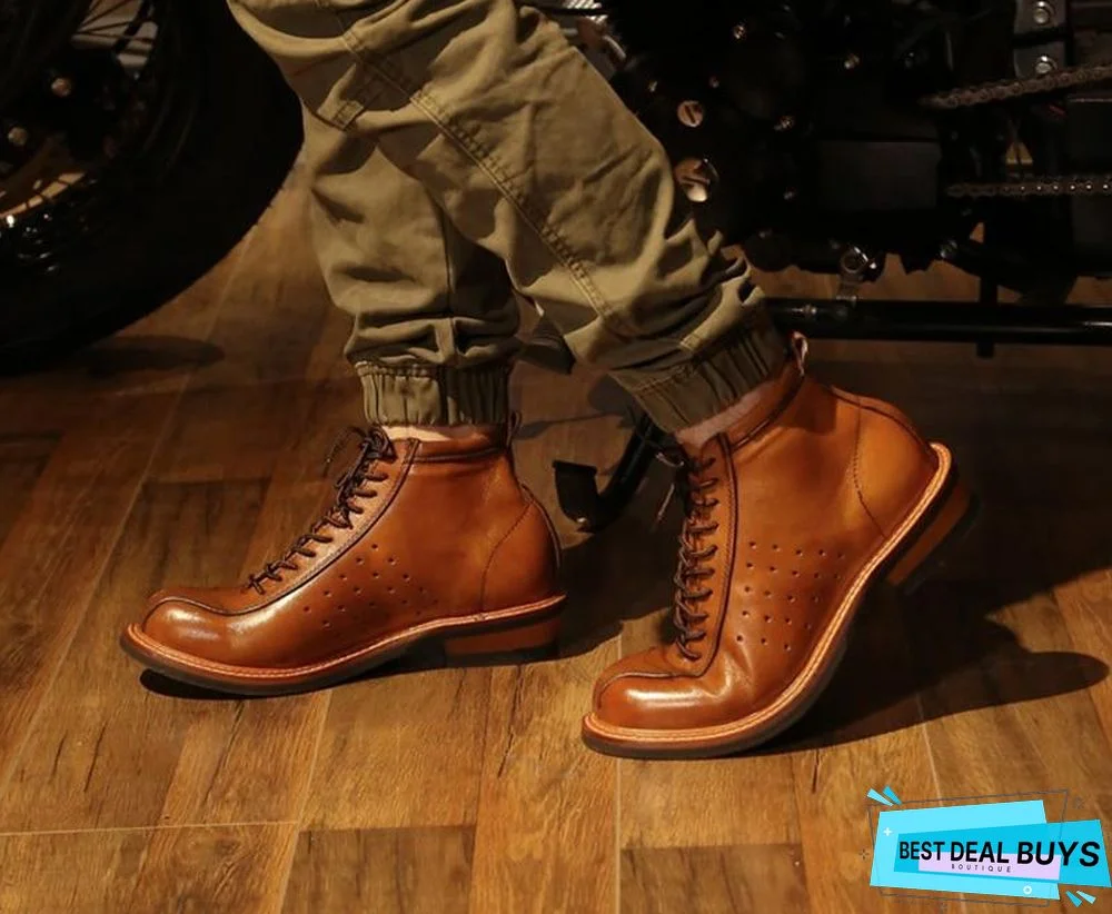 Vintage Genuine Leather Boots Full Grain Ankle Designer Shoes Men High Quality Fall Booties Short Brown Lace Up