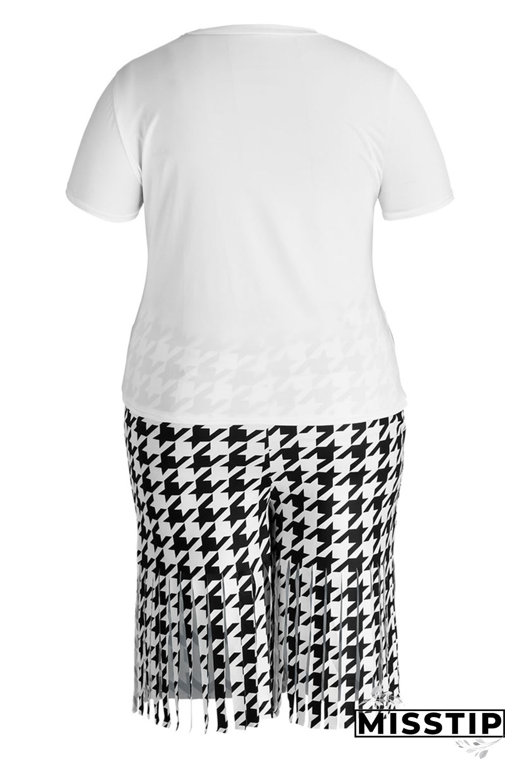 Black White Casual Street Print Tassel Patchwork O Neck Plus Size Two Pieces