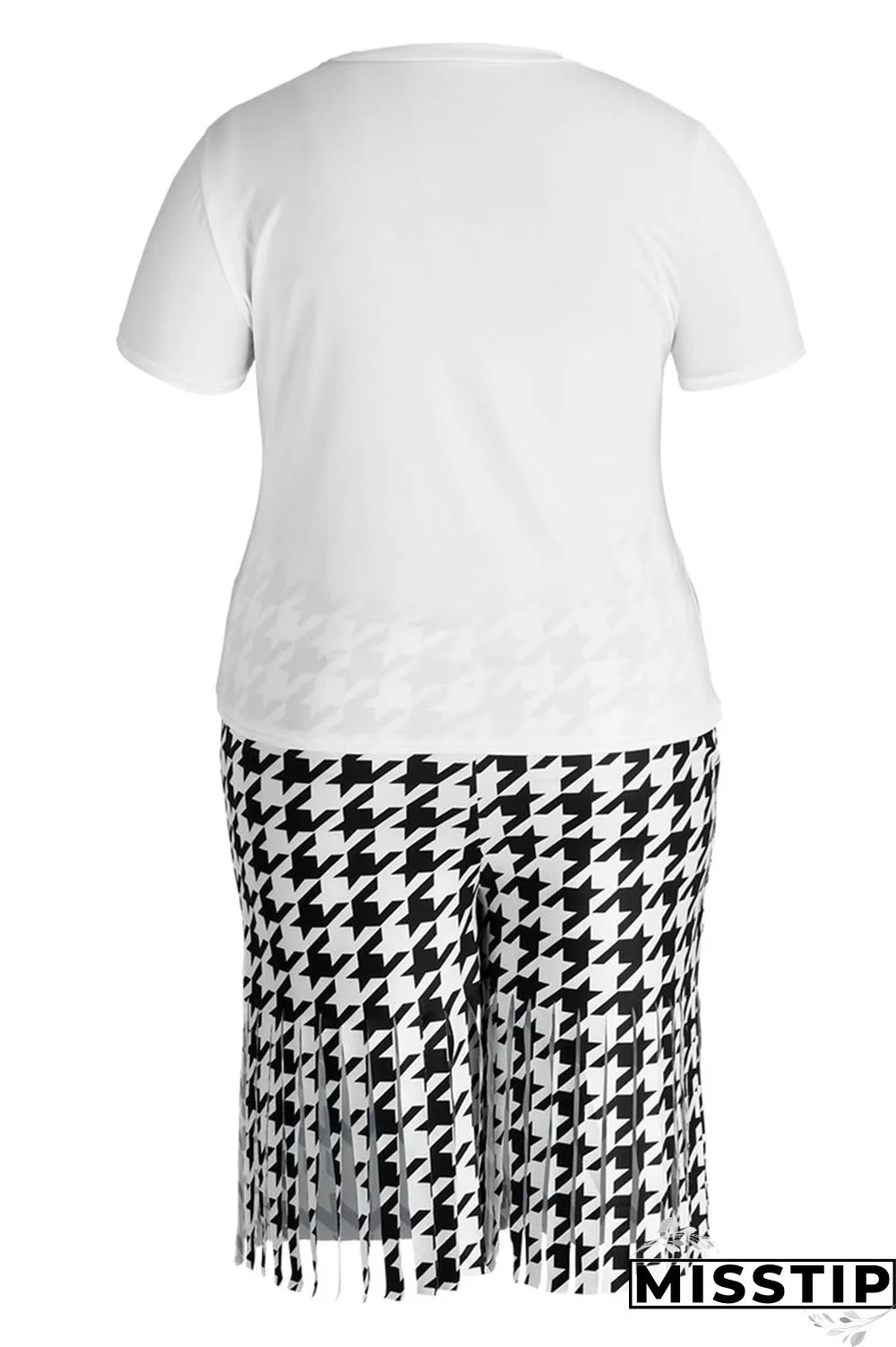 Black White Casual Street Print Tassel Patchwork O Neck Plus Size Two Pieces