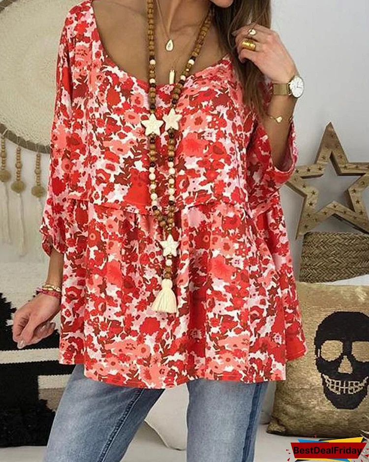Women Plus Size Floral Printed 3/4 Sleeve Plus Size Blouses Tops
