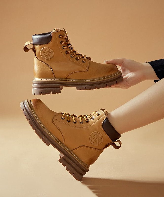 Unique Cross Strap Boots Yellow Cowhide Leather Mountaineering Boots