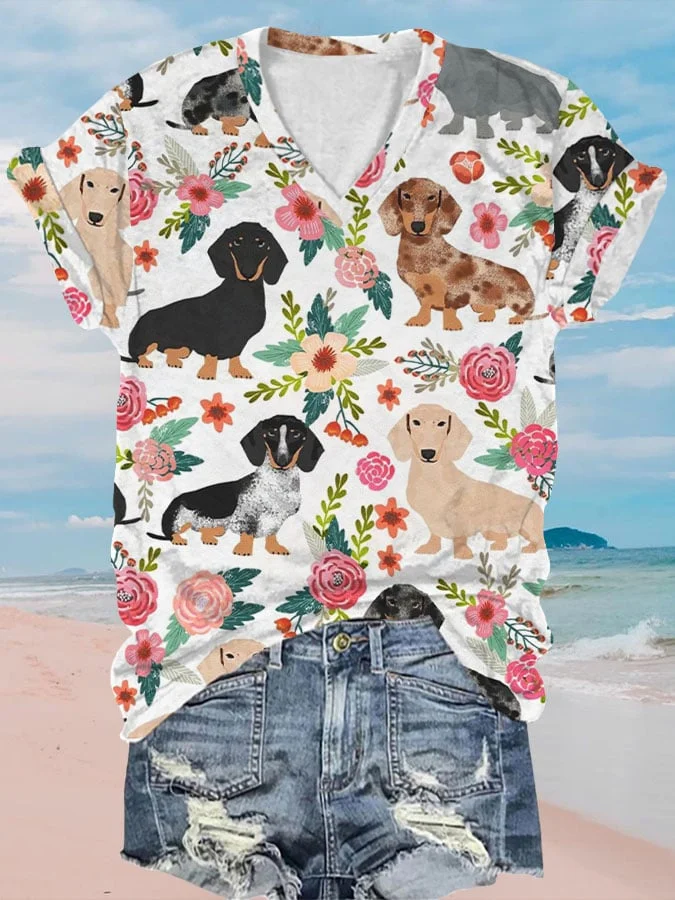 Women's Floral Dachshund Print V-Neck T-Shirt