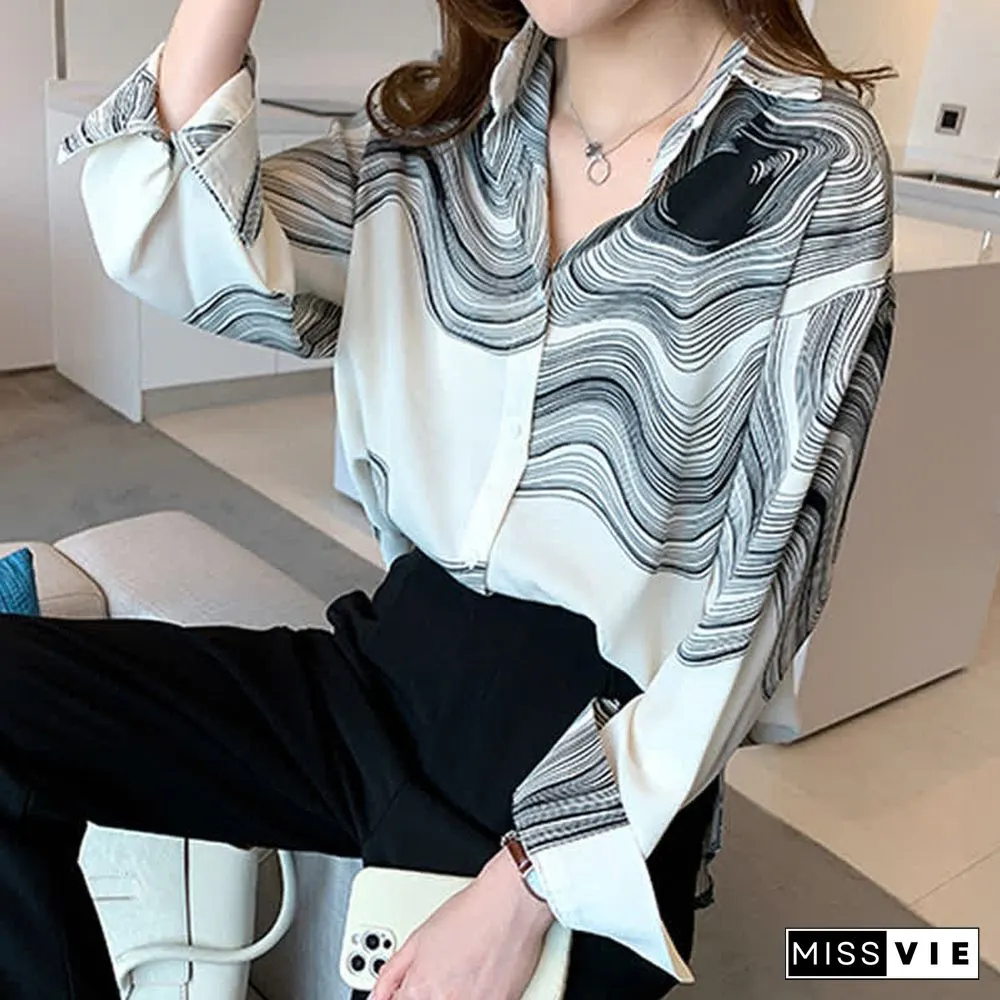 Colorblock Stripe Print Lapel Shirt Workwear