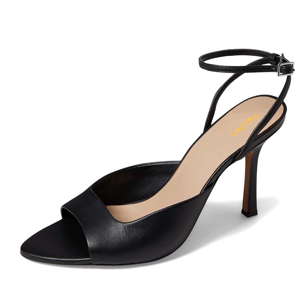 Faux Leather Open Toe Flared Heel Ankle Strap Black Sandals for Women Nicepairs