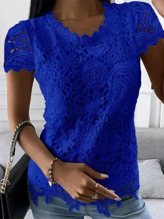 Women Short Sleeve Scoop Neck Solid Color Lace Tops