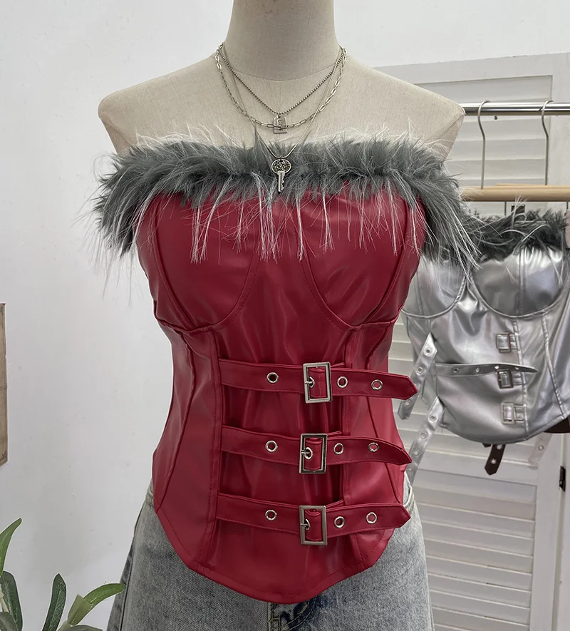 Nigikala Nigikala Shooting Retro Pu Skin Spliced Hair Bra Bra Strap Chest Punk Hottie Skin Buckle Waist Short Top 2781