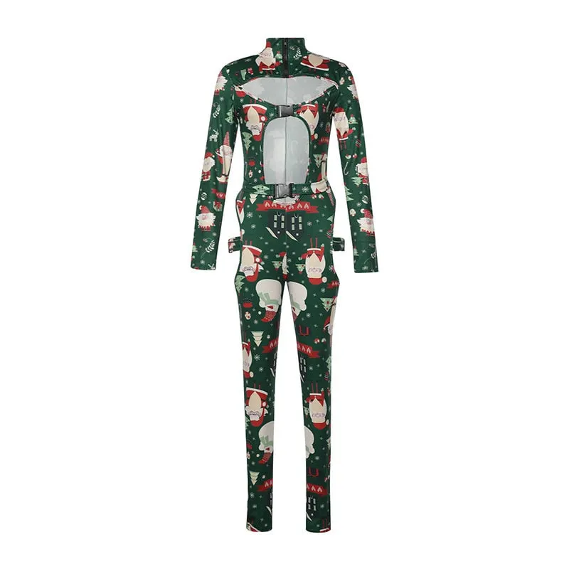 Sexy Women Bodycon Jumpsuit Solid Color Overalls Long Sleeves Rompers Bodysuits High Neck Hollow Out Buckle Biker Short Clubwear
