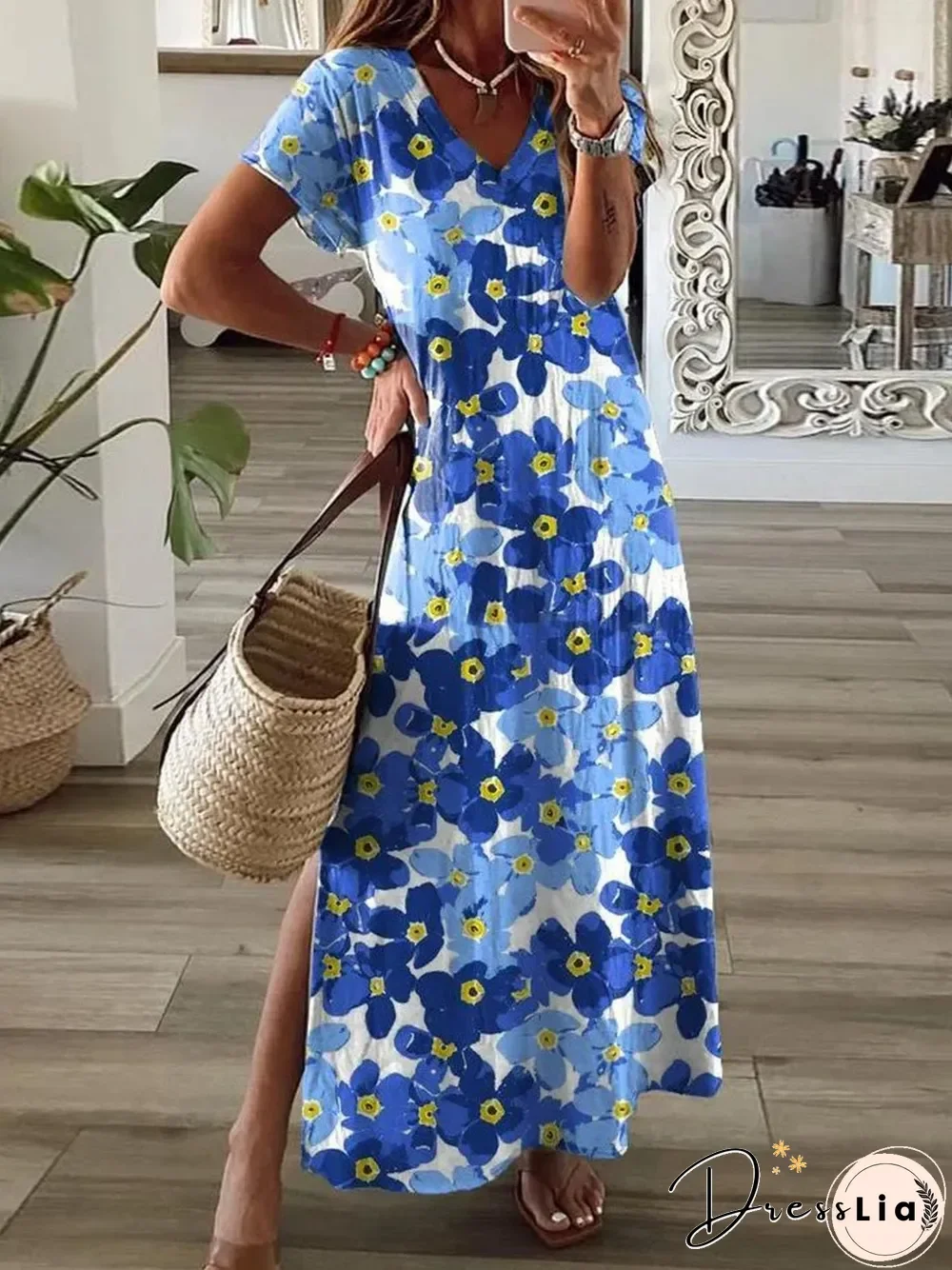 Stylish V-Neck Short Sleeve Printed Side Slit Maxi Dress P15694