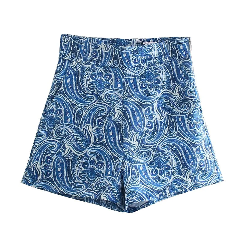 KPYTOMOA Women 2021 Chic Fashion Front Pockets Paisley Print Shorts Vintage High Waist Side Zipper Female Short Pants Mujer