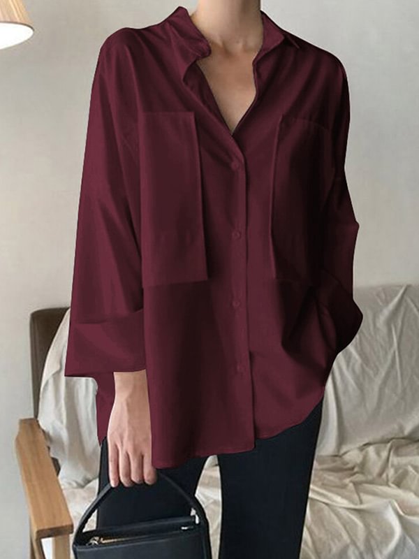 Urban Solid Color With Big Pocket Lapel Long Sleeves Blouses