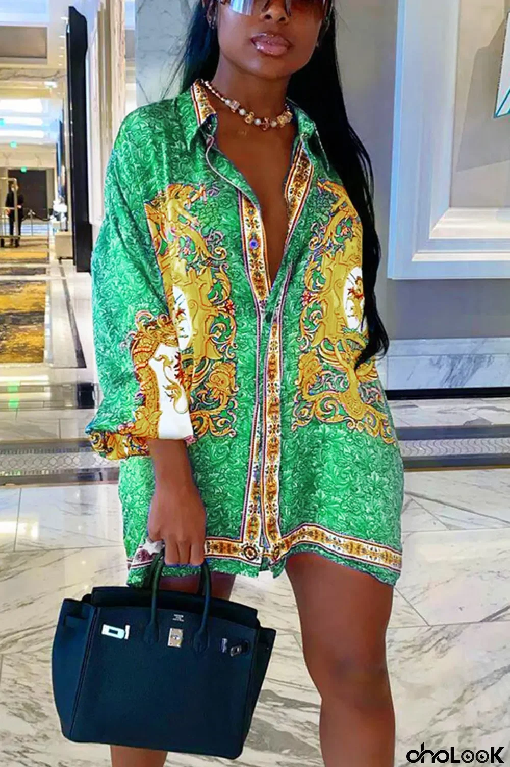 Green Sexy Print Patchwork Turndown Collar Long Sleeve Mini A Line Dresses