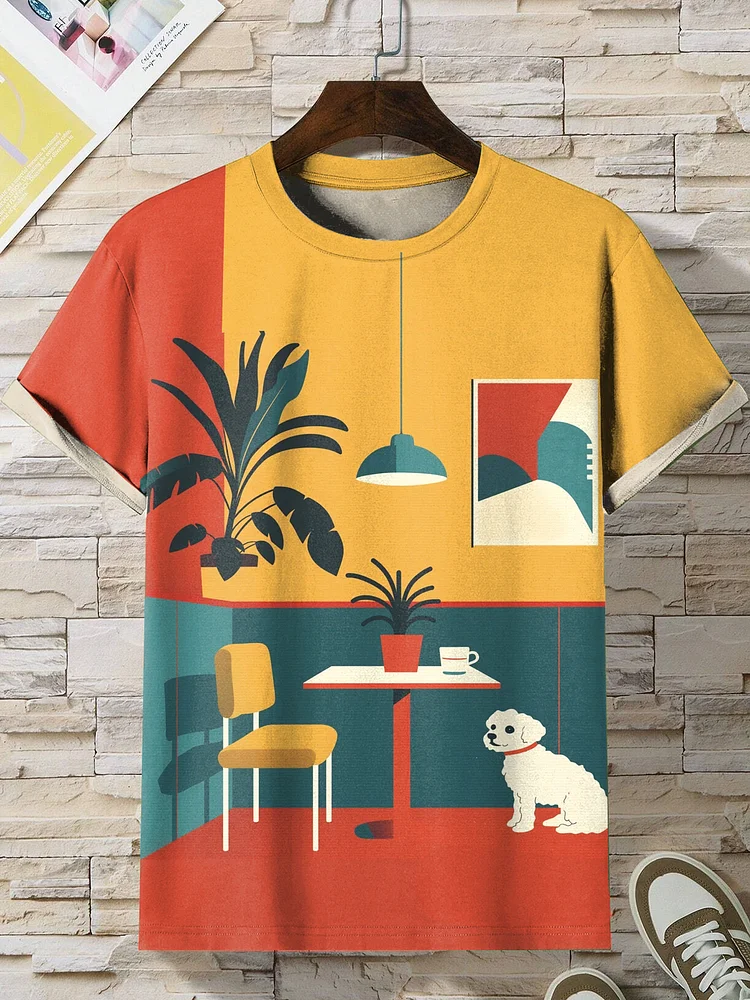 Men's Vintage Color Block Dog Scenery Art Print T-Shirt
