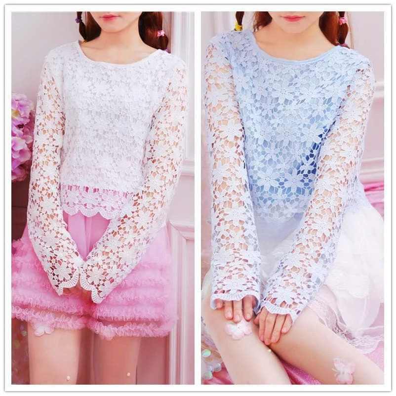 White/Blue Sweet Floral Lace Shirt SP1811833