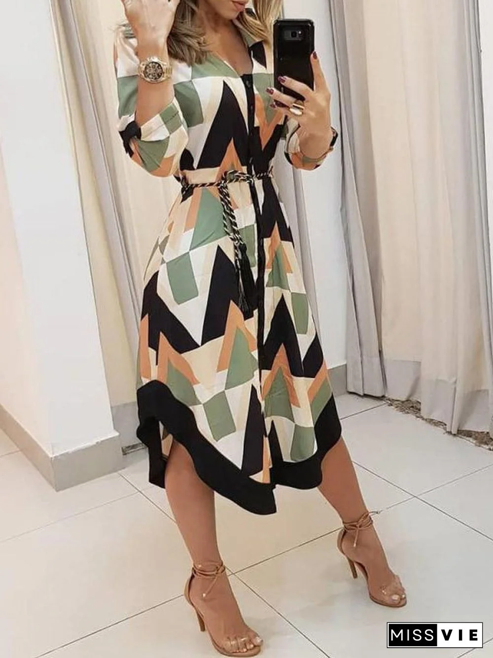 Long Sleeve Button Down Tie Waist Midi Dress