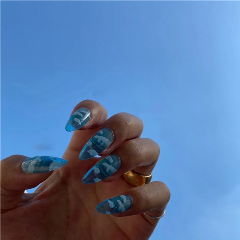 24pcs Long Pointy Head Wearable Manicure fake nails with glue Fashionable Natural Blue Sky White Cloud Water Drop Beautiful nail-Nail Inspo
